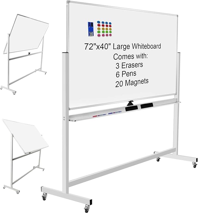 Mobile Whiteboard 72"x40" Magnetic Dry Erase White Boards on Wheels Double-Sided Large Whiteboard with Rolling Stand for Classrooms, Offices and Home