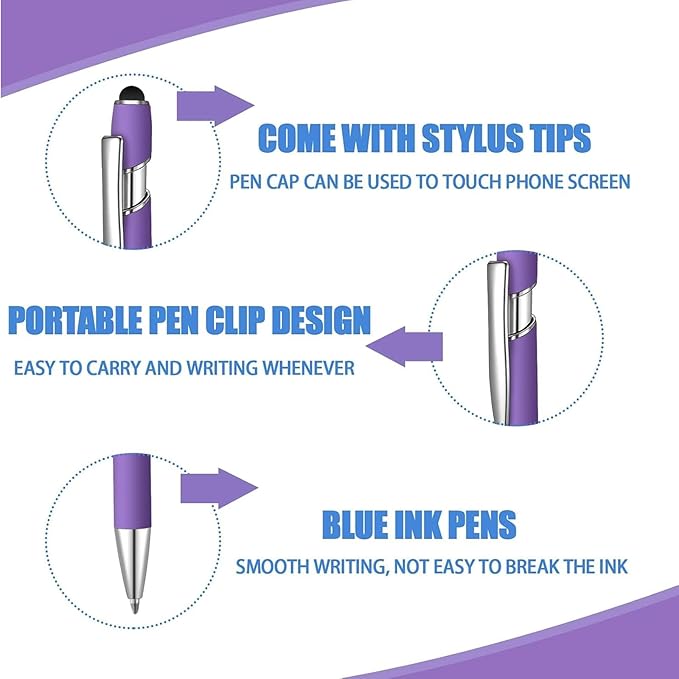 8 Pcs Blue Ink Ballpoint Pen with Stylus Tip 2 in 1 Stylus Ballpoint Pen Metal Pens Stylus Pen for Touch Screens School Office Coworkers (Purple)