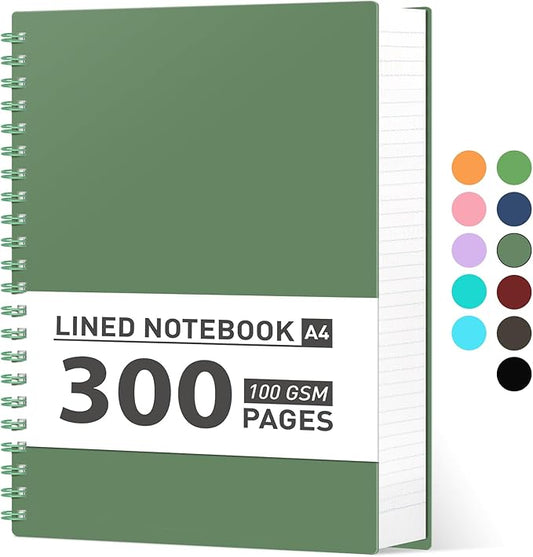 AHGXG Spiral Notebook College Ruled - Spiral Journal Notebook 8.5" x 11" Large A4, 300 Pages Lined Journal, 100GSM Thick Paper, Plastic Hardcover, for Women Men Office School Writing Work, Green