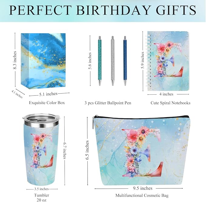 Personalized Gifts Monogrammed Birthday Gifts for Women, Daughter Bestie Friendship Christmas Initial 20 oz Tumbler, Makeup Bag Cup Ballpoint Pens Journal Notebook 6 Set, (Aesthetic Blue Flower E)