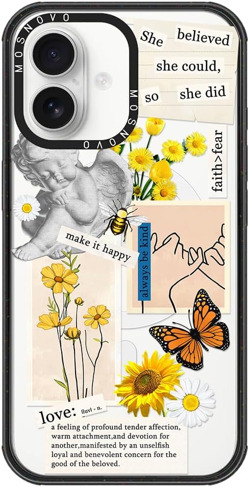 MOSNOVO Magnetic Case for iPhone 16, 10ft Military-Grade Protection, Compatible with Magsafe, Shockproof Phone Case for iPhone 16 - Vintage Collage Art - Clear Black