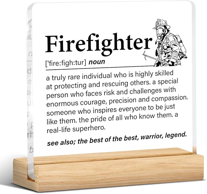 Firefighter Gifts for Women Men, Fireman Gifts, Firefighter Definition Clear Acrylic Desk Decorative Sign for Home Office, 4 x 4 Inches