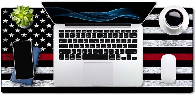 SSOIU Extended Gaming Mouse Pad (35.5x15.7 in), Large Stable Rubber Base Mousepad with Stitched Edges, Keyboard Mouse Mat Desk Pad for Work, Game, Office, Home - Fire Fighter Thin Red Line Flag