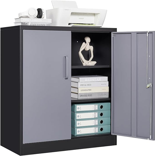 STANI Metal Storage Cabinet with 2 Adjustable Shelves Steel Counter Cabinet with Lockable Doors for Home Office