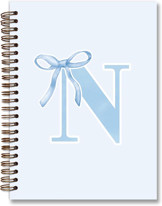 Initial N Notebook Journal,Personalized Teen Girl Gifts,Coquette Trendy Preppy Blue Bow Spiral Notebook,Monogrammed Gifts for Women Teen Girl,College Ruled Hardcover Spiral Notebook 5.5 x 8.3
