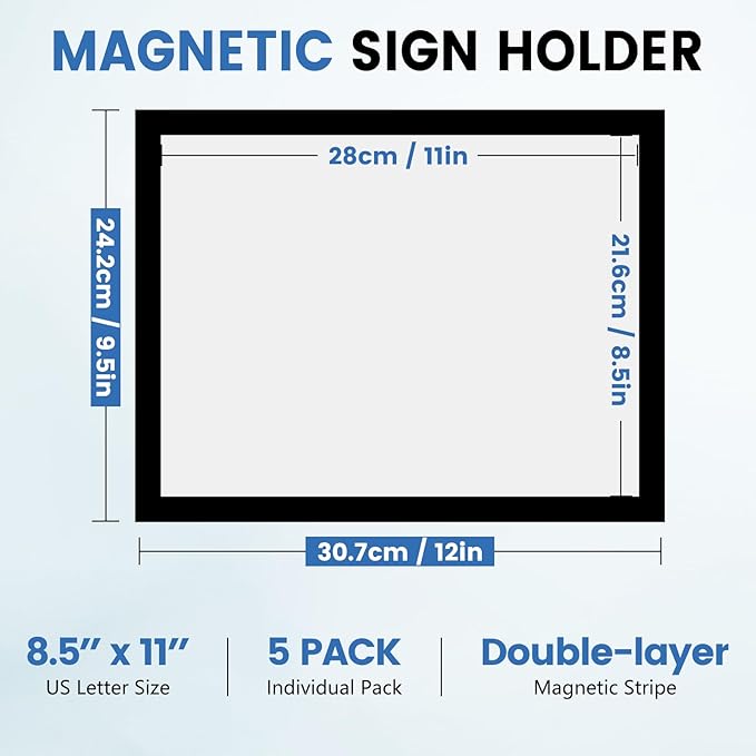 5 Pack Magnetic Sign Holder, 8.5in x 11in Self Adhesive Wall Mount Magnetic Document Holder, Magnetism Border Sign Holder with Transparent PVC Front Cover