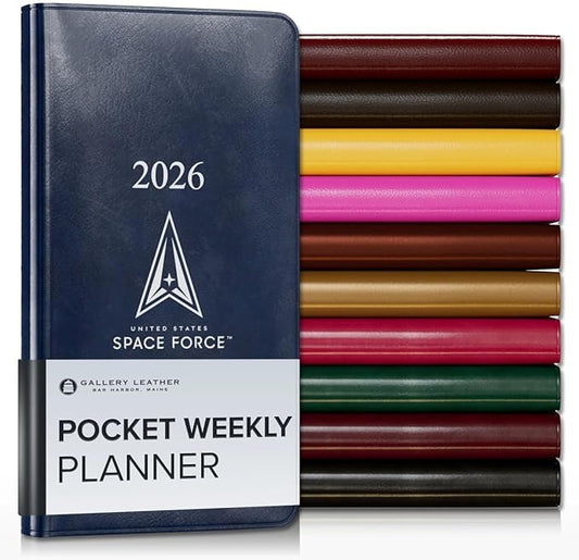 Gallery Leather Pocket Weekly Monthly Planner 2025-2026, Elegantly Bound Calendar Planner and Notebook with Stylish Gold-Gilded Page Edges, 12 Months - Acadia Navy - US Space Force - 6 x 3.25 "