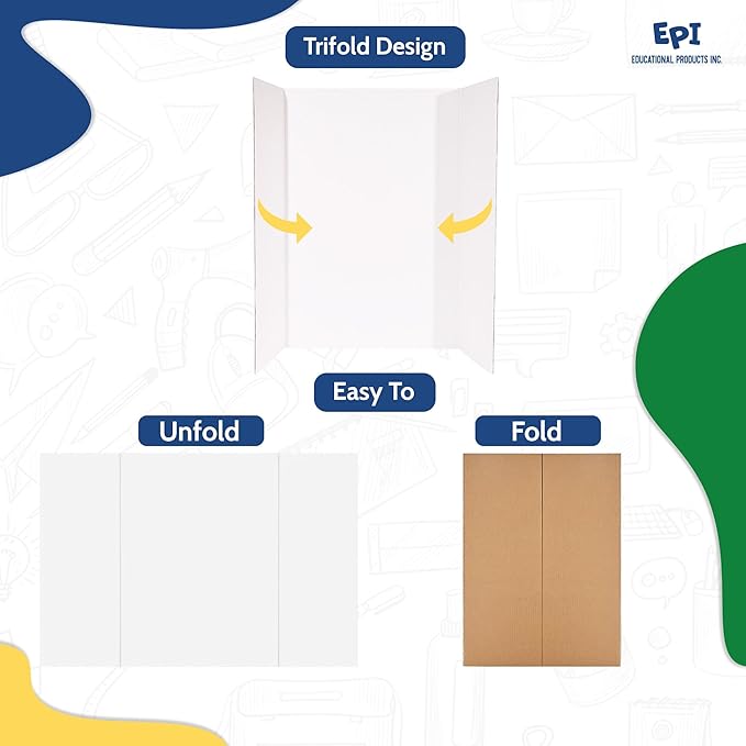 EPI Tri Fold Cardboard Display Board. Large 36 x 48in White Tri-fold Poster 6 Pack. Professional Presentation Boards with Rounded Corners for Science Fair Project, School and Business Presentations