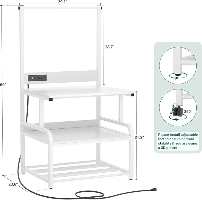 Homieasy Printer Stand with Charging Station, 29.1" x 22.8" Large 3D Printer Table with Filament Storage, Heavy Duty Rolling Printer Cart with 4-Tier Storage for Workshop/Office/Garage, White