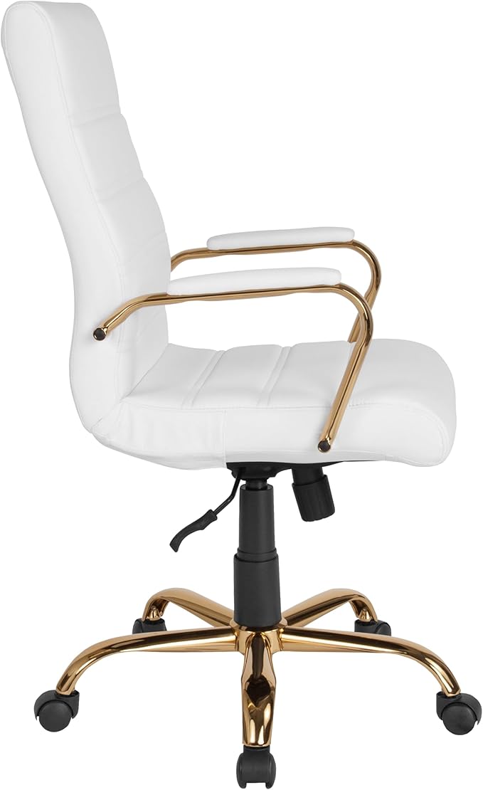 Flash Furniture Whitney Mid-Back Swivel LeatherSoft Desk Chair with Padded Seat and Armrests, Adjustable Height Padded Office Chair, 27"D x 26"W x 43"H, White/Gold