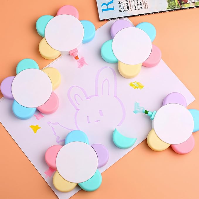 Leery Macaron Petals Highlighters,5-in-1 Flower Shape Watercolor Pen Set, Fluorescent Pastel Markers for Journaling, Note Taking, Office & School Aesthetic Supplies (5)