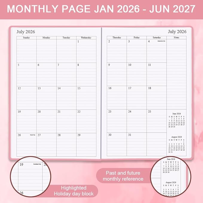 Planner 2026-2027 - 18 Months (Jan 2026 - Jun 2027) Agenda Planner 5.8" x 8.5", 2026-2027 Weekly & Monthly Planners, Hard Cover, Pink