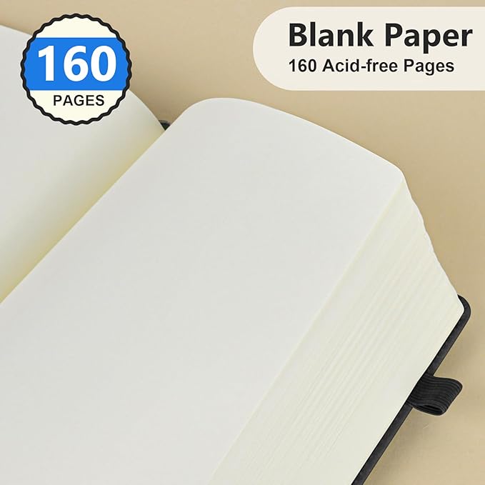 Blank Journal Ntebook for Men & Women, 160 Pages Blank Journals for Writing, Drawing,Sketch Book,5.9" x 8.5" Leather Sketchbook, Unlined Notebook for Work, School, Art - Black
