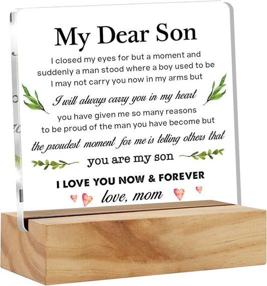 Mom's Gift to My Son: Acrylic Desk Plaque Sign with Wood Stand for Home Office