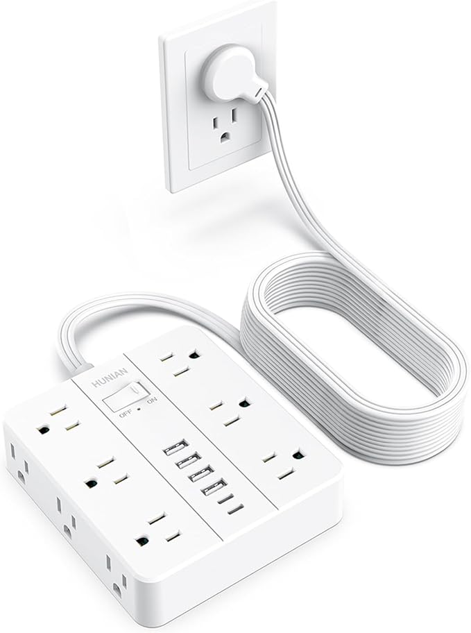 Flat Plug Power Strip Surge Protector, Flat Extension Cord Indoor 20 Feet， HUNIAN 12 Widely Spaced Outlets with 6 USB (2 USB C Ports), Desk Charging Station for Home Office Supplies, White