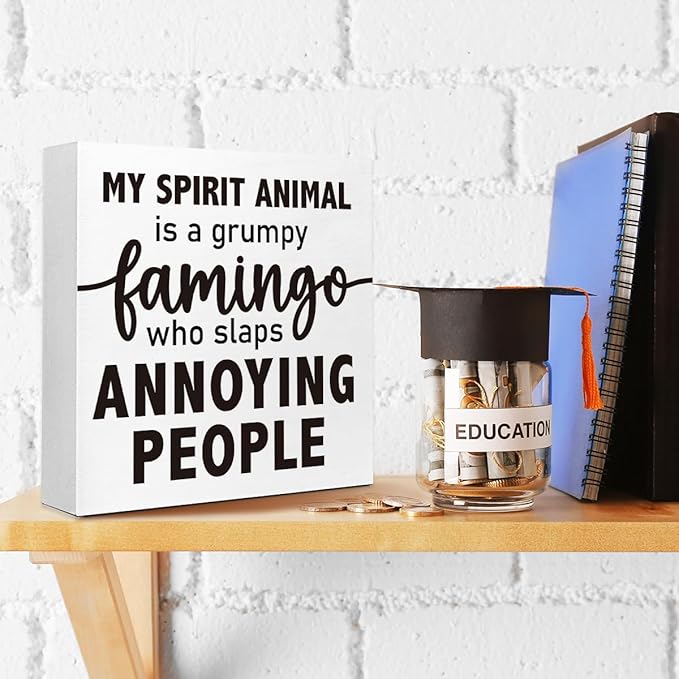 Funny Office Wood Box Sign - "Grumpy Flamingo Spirit" Wooden Block Sign, 5x5x1 Inch Whimsical Desk Decor for Sassy Female Professionals