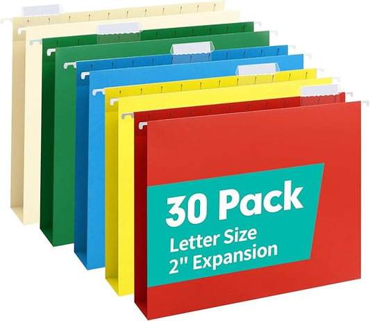 HERKKA Extra Capacity Hanging File Folders, 30 Pack Reinforced Letter Size Hanging Folders with Heavy Duty 2 Inch Expansion, Designed for Bulky Files, Medical Charts, Assorted Colors