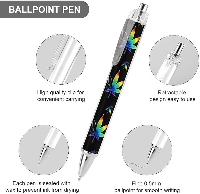 Fashion Smooth Writing Pens with Refillable Black Ink, Retractable Ball Point Pen Trippy WeedLeaf Leaf Black Ballpoint Pens for Writing Drawing, 2 Pcs