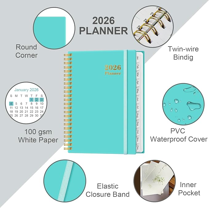 2026 Planner - Weekly and Monthly Calendar Planner from Jan 2026 - Dec 2026, Planner 2026 Spiral Bound with 12 Monthly Tabs, Inner Pocket, Perfect for School Office Supplies, 6.4" x 8.5", Teal