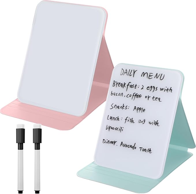 2 Pcs Small Glass Desktop Whiteboard with Reversable Stand 8 x 6 Inch Mini Dry Erase White Board Easel with 2 Markers Reusable Desk Notepad for Home Office School Supplies(Pink, Green)