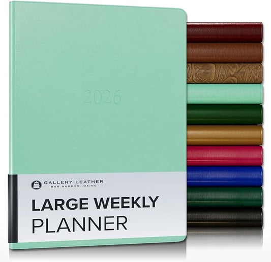 Gallery Leather Large Weekly Monthly Planner 2025-2026, Elegantly Bound Calendar Planner and Notebook with Stylish Gold-Gilded Page Edges, 12 Months - Caribbean Sea Glass - 9.75 x 7.5 "
