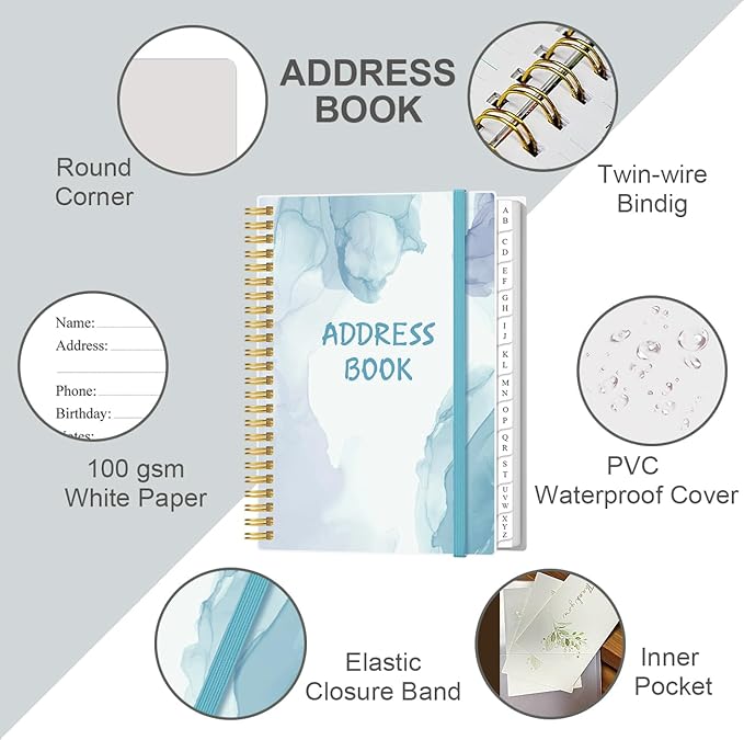 Address Book with Alphabetical Tabs - A5 Telephone & Address Book with Address Contacts, Special Date, Phone, Birthday & Internet Login Password for Home and Office, 6.2" x 8.5", Blue Watercolor