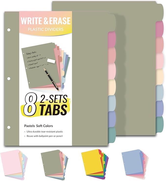 Sooez 8 Tabs Long-Lasting Plastic Write & Erase Large Tabs Dividers for 3 Ring Binder, Aesthetic Cute Pastels Binder Dividers for Student, Teacher, Office, Home Organizers, 2 Sets, Dusty Color