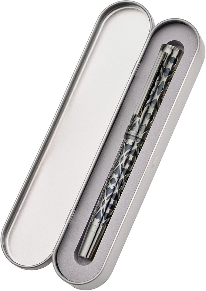 Hongdian D1 Piston Fountain Pen Extra Fine Soft Nib, Jet Black Hollow Skeleton & Resin Pen with Metal Case Set