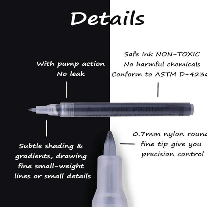 NAWOD Paint Pens White Black Acrylic Marker 6 Pack, Acrylic Permanent Marker, White Paint Pens for Rock Ceramic Wooden Leather Glass Painting Metal Tire, 0.7mm Extra Fine Point Quick Drying