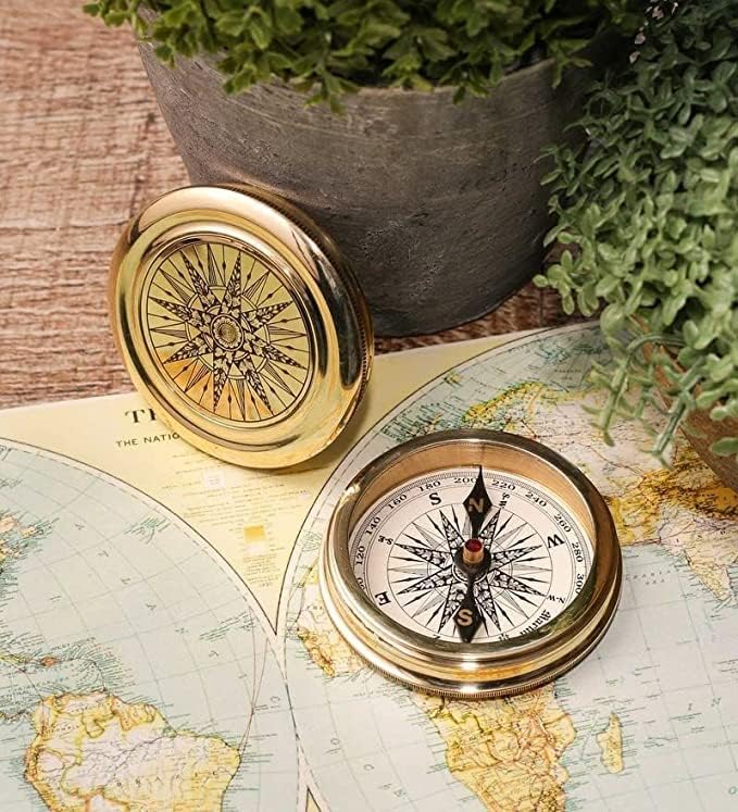 Antiqued Brass Robert Frost Poem Compass with Wooden Box, Inspirational Gifts for Woman, Aniversity Gifts for Men,Engraved Compass,Wedding for Boys, Pocket Compass for Hiking Survival