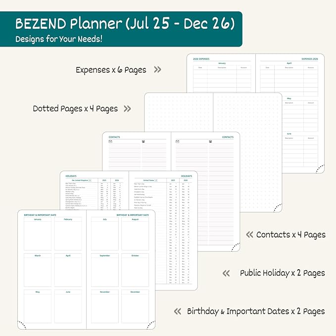 BEZEND Pocket Planner 2026 Weekly and Monthly (3.5" x 6"), 2-Column Calendar Book for Purse (Jul 25-Dec 26), Dual Schedule for Daily Appointment, Inner Pocket, PU Leather Hardcover - Fruit Green