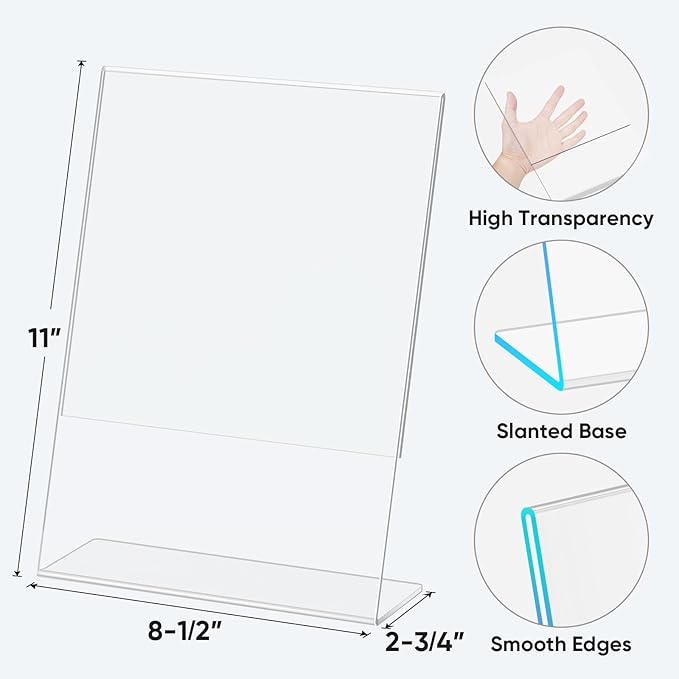 TICONN 8.5 x 11 Acrylic Sign Holder, L Shape Clear Sign Stand for Displaying, Plastic Paper Holder for Office, Store, Restaurant (Vertical 12 Pack)