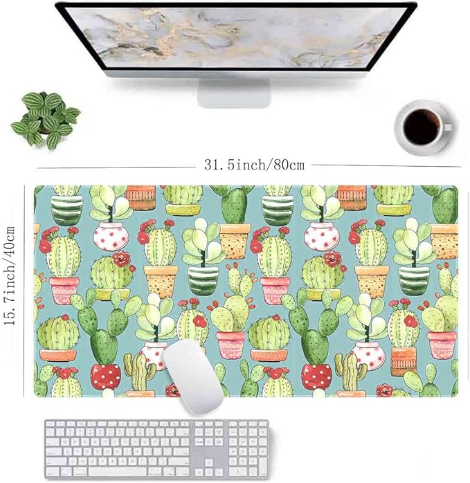 Green Cactus Non-Slip Rubber Large Mouse pad for Desk,Large Gaming Mouse Pad XXL Extended Mouse pad with Stitched Edges Non-Slip Base Water Resist Pad Desk Mat 35.4x15.7inch