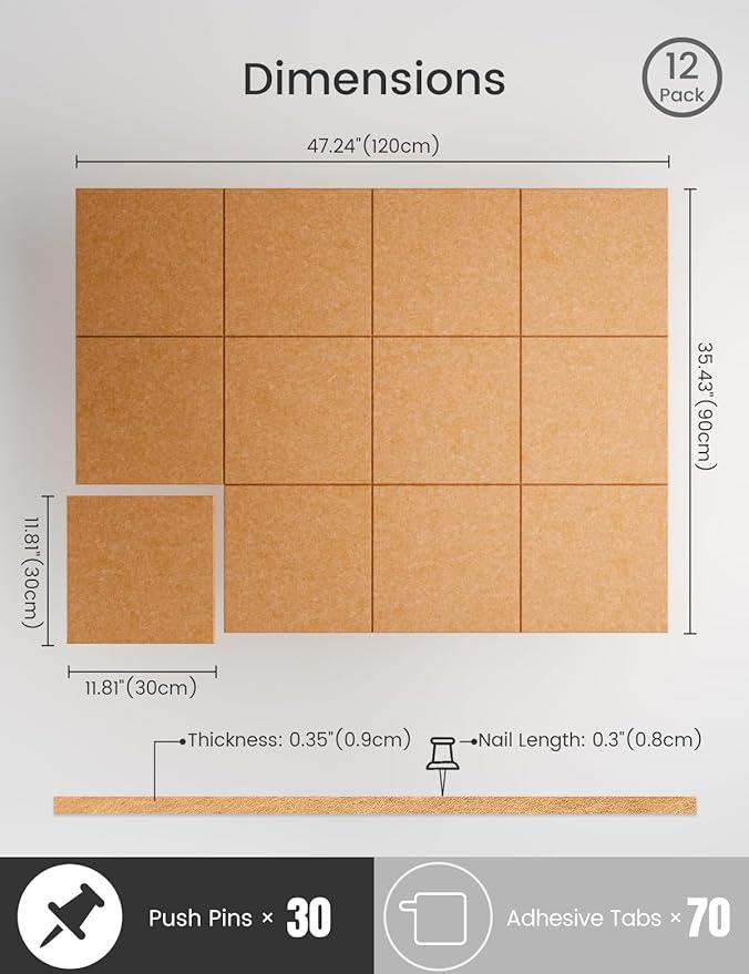 Bumusty Large Cork Board 47"x35" Alternative - 12 Pack Felt Wall Tiles with 70 Safe Removable Adhesive Tabs, 30 Pushpins, Cork Boards for Walls Pin Board Tack Board Cork Board (Longan Yellow)