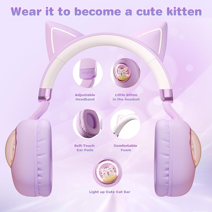 Cat Ear Headphones for Kids, Cute Children Girl Wireless Bluetooth Headphones for School, Purple Kindergarten Light up Kawaii Kitty Noise Cancelling Headphones for Kids Teens Child Airplane