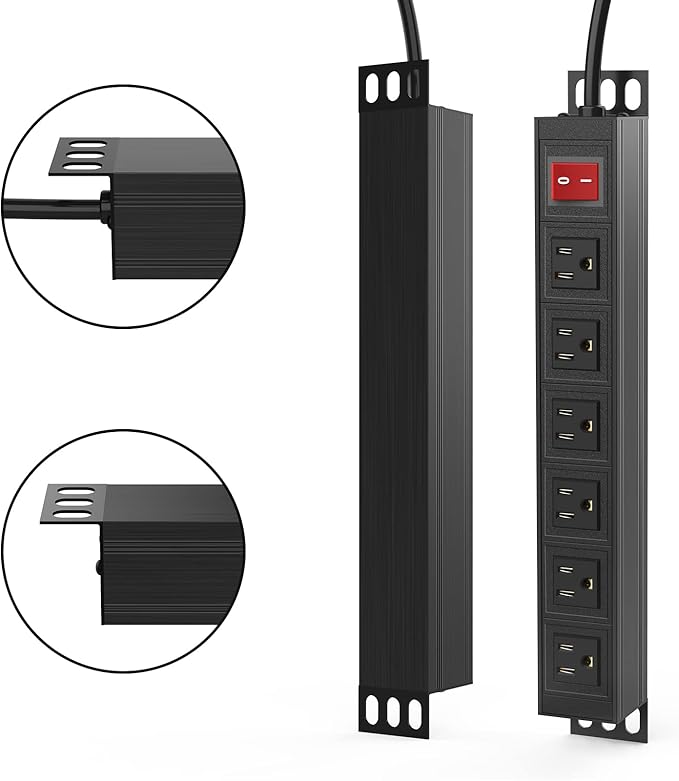 20PCS 6 Outlet Power Strip, Metal Mountable Power Strip Surge Protector, Heavy Duty Wall Mount Power Outlet for Commercial, Industrial, Workshop, Long Power Cord, 15A/125V 1875W