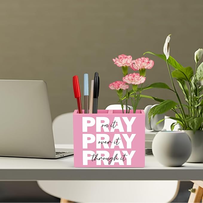 Pink Office Desk Decor Inspirational Christian Gifts for Women Men HR Manager Coworker Friend Employee Wooden Pencil Holder Boss Day Gifts Pray on it Wooden Sign Bible Verse Office Desk Decor