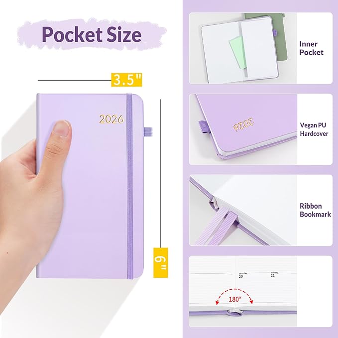 SUNEE 2026 Pocket Weekly Planner for Purse 3.5" x 6" - 12 Month (January 2026 - December 2026), Small Size Planner, Hardcover, Notes, Pocket, 100 GSM Paper, Purple