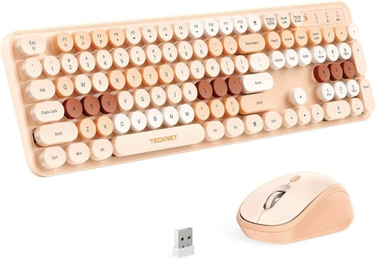 TECKNET Retro Typewriter Keyboard and Mouse Combo, Full Size 2.4G & Bluetooth Dual Mode Wireless Keyboard with Round Keycaps, Colorful Design, Ergonomic Adjustable Tilt, Spill-Resistant, for Windows