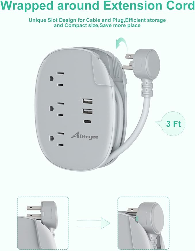 Alitayee USB C Portable Travel Power Strip with 3 Outlets 3 USB Ports Fast Charge, USB Extendable Outlet Extender with Flat Plug and 3ft Wrapped Around Extension Cord for Cruise Travel Home Office