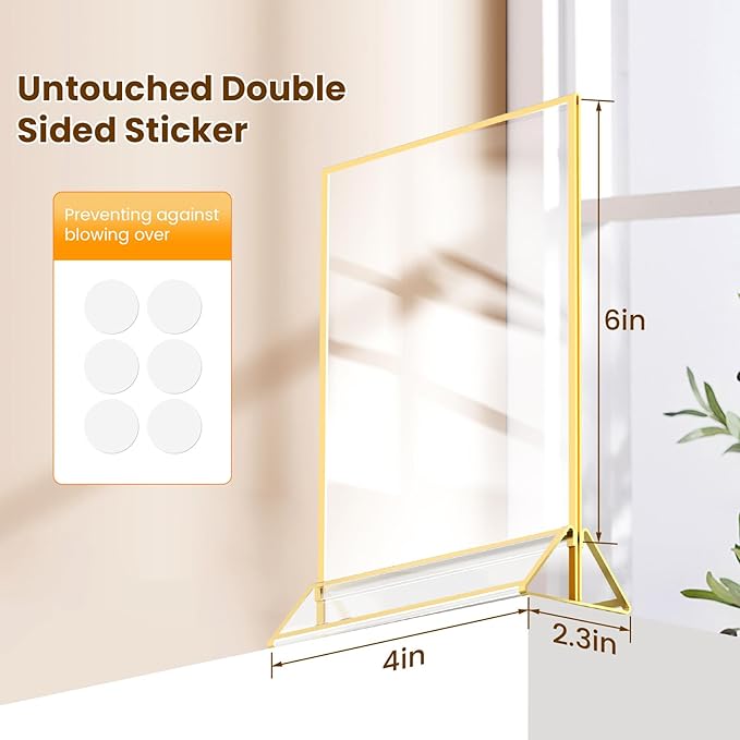 4X6 Acrylic Sign Holder Tabletop Gold Frames 4X6 Picture Frames for Wedding Table Numbers Display Stand Flyer Holder with Double Sided Sticky Dots-6Pack