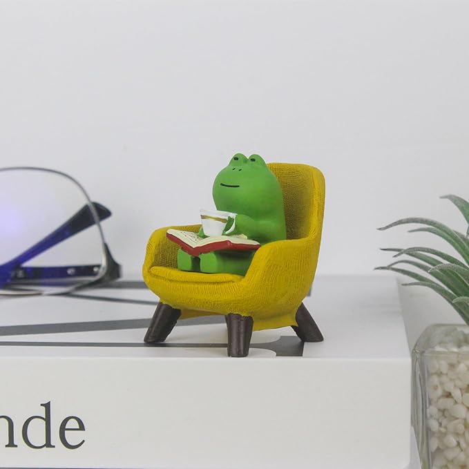 Miniature Frog Figurines - Funny Frog Sculpture for Shelf, Desk Decoration - Frog Desk Accessories - Perfect Cute Frog Gift for Frog Lovers(Yellow Sofa)