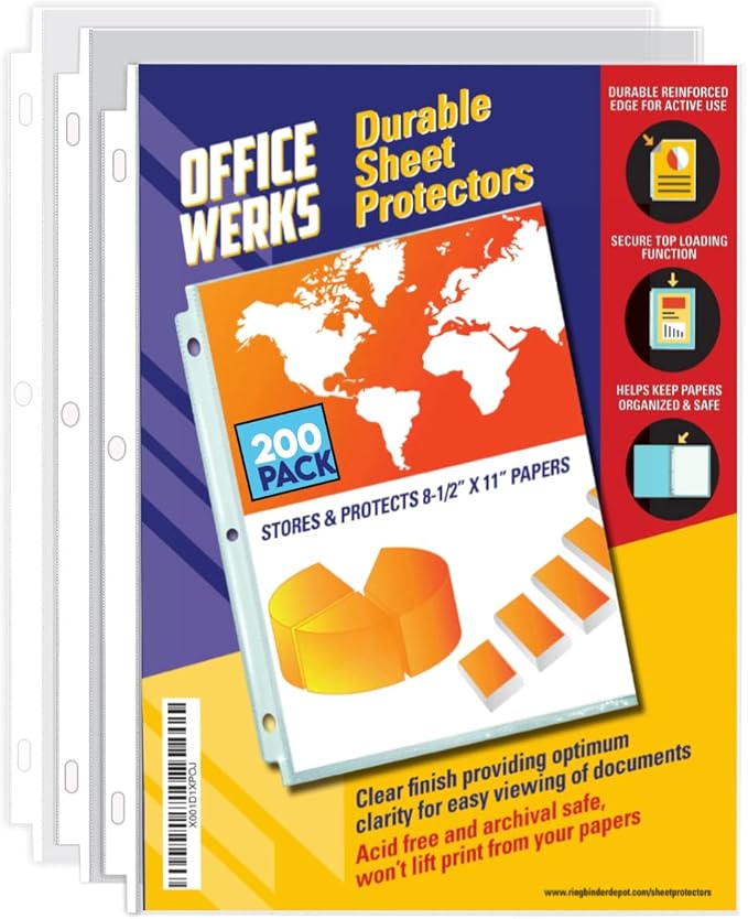 Office Werks 200 Sheet Protectors, 8.5X11 Inch Clear Page for 3 Ring Binder, Plastic Sleeves, Durable Top Loading Paper Protector with Reinforced Holes, Archival Safe
