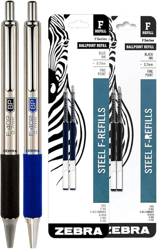 Zebra F-402 Ballpoint Stainless Steel Retractable Pens with Refills, Fine Point, 0.7mm, Black/Blue Ink, 4-Count Bundle with Plastic Reusable Pouch