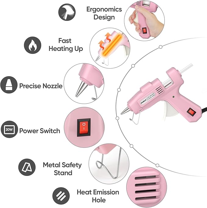 ROMECH 20W Mini Hot Glue Gun with 30 Glue Sticks Set, Fast Preheating Hot Glue Gun Kit Heavy Duty Gluegun for Craft, DIY, Repairs (Pink)