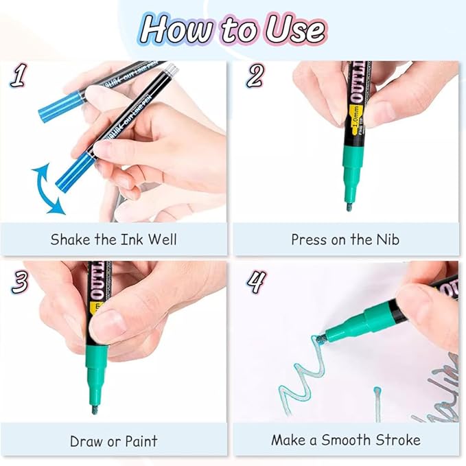 Marker Pen for Highlight, 2026 New Double Line Outline Markers, Metallic Shimmer Glitter Pens Set, Art Supplies for Christmas Greeting Cards, Scrapbook Crafts, Doodling, DIY Art Crafts (12 Colors)