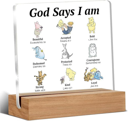 Pooh Bear Gifts for Women Christian Gifts Inspirational Gift God Says Pooh Clear Desk Decorative Sign Acrylic Sign With Wooden Stand for Office Desk Table Shelf
