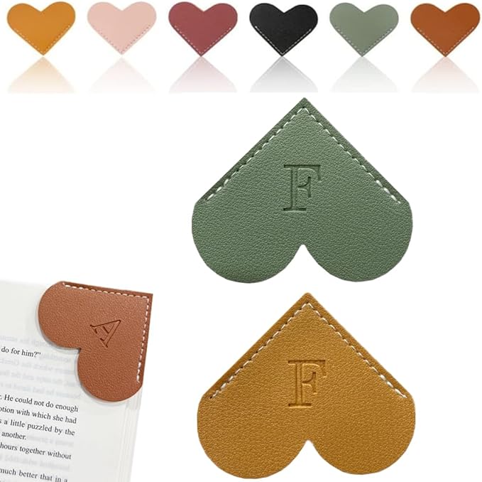 Personalized Leather Heart Bookmark, 26 Letters Customized Corner Book Mark for Reading Women, Book Marker with Initials，Cute Gifts (Green+Light Brown, F)