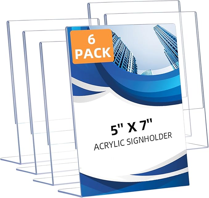 6 Pack Slanted Back Acrylic Sign Holders 5x7 for Business & Store, Tabletop Vertical Sign Holder with Anti-Slip Pads Clear Display Stand, for Menus Flyers Documents Office Restaurants Party Decoration
