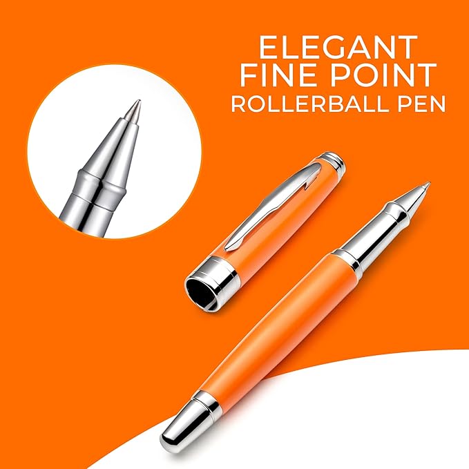ZenZoi Elegant Orange Pen Set W/Fine Point Rollerball Ink – Luxury Writing Pens For Men Or Women. Nice Pen Gift Set W/Roller Ball Tip Refills & High End Pen Box. Executive Smooth Quality Writing Pens